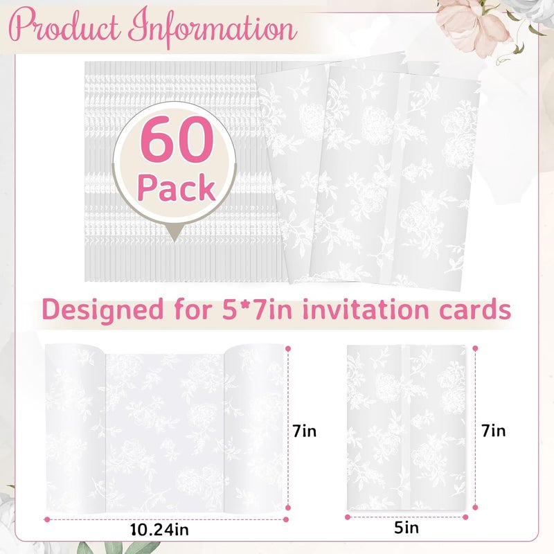 TINYAT 60 Sheets Pre-Folded Vellum Jackets for 5x7 Invitations,White Floral Vellum Paper 5x7 Jackets,Translucent Invitation Sleeve Wraps Floral Paper Envelope Liners for Wedding Baby Shower Invitations Cards - Image 2